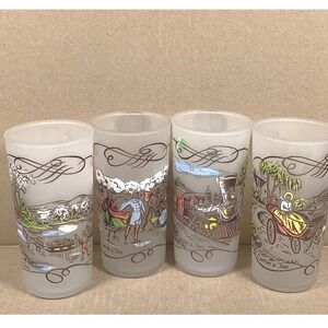 Currier and Ives Frosted Glass Tumblers Set of 4 Historic Scenes Train Carriage